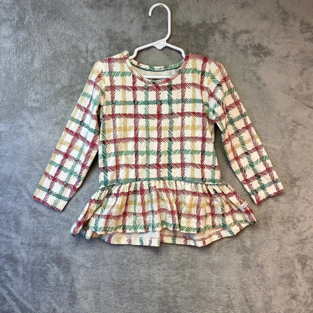 RuffleButts Girls 4T Holiday Plaid Peplum Top Red Green Gold Long Sleeve Shirt